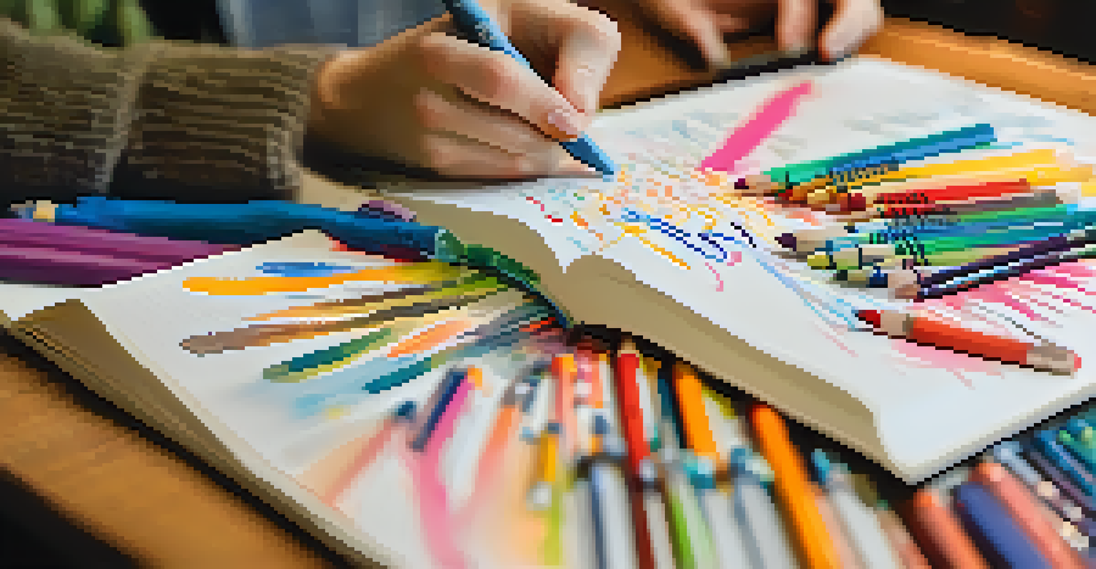 A close-up of a hand writing in a journal with colorful ink, surrounded by art supplies and inspirational quotes.