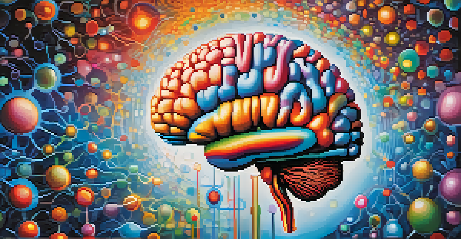 An illustration of a brain with highlighted areas showing serotonin receptors and psilocybin molecules, set against a colorful background.
