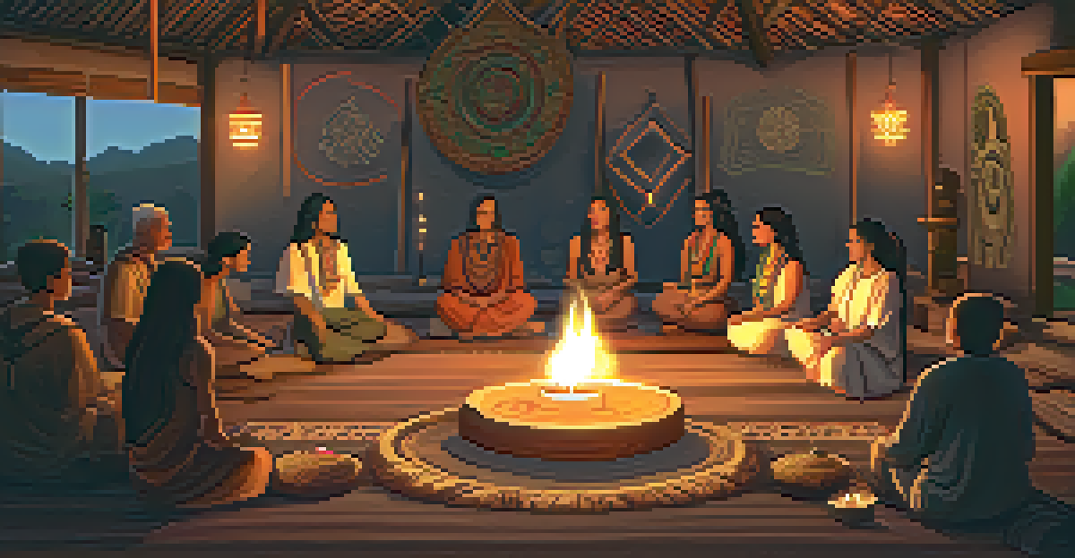 An intimate ayahuasca ceremony in a candle-lit room with participants seated in a circle, guided by a shaman amidst indigenous decorations.
