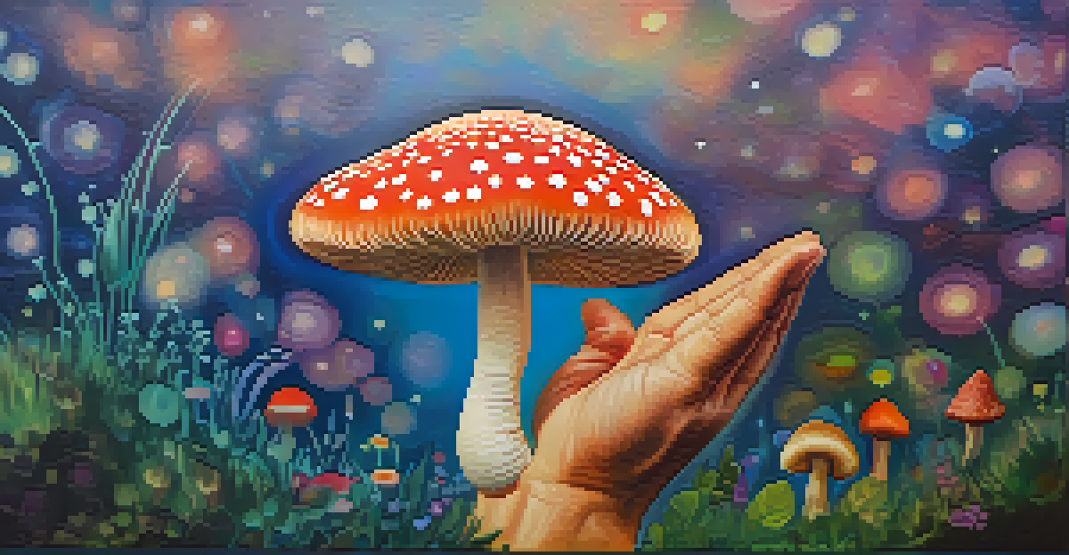 A close-up of a therapist's hand holding a psychedelic mushroom, symbolizing nature in therapy.