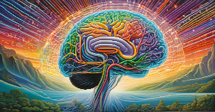 A surreal landscape featuring a colorful brain with interconnected neural pathways and abstract shapes, illuminated by soft lighting.