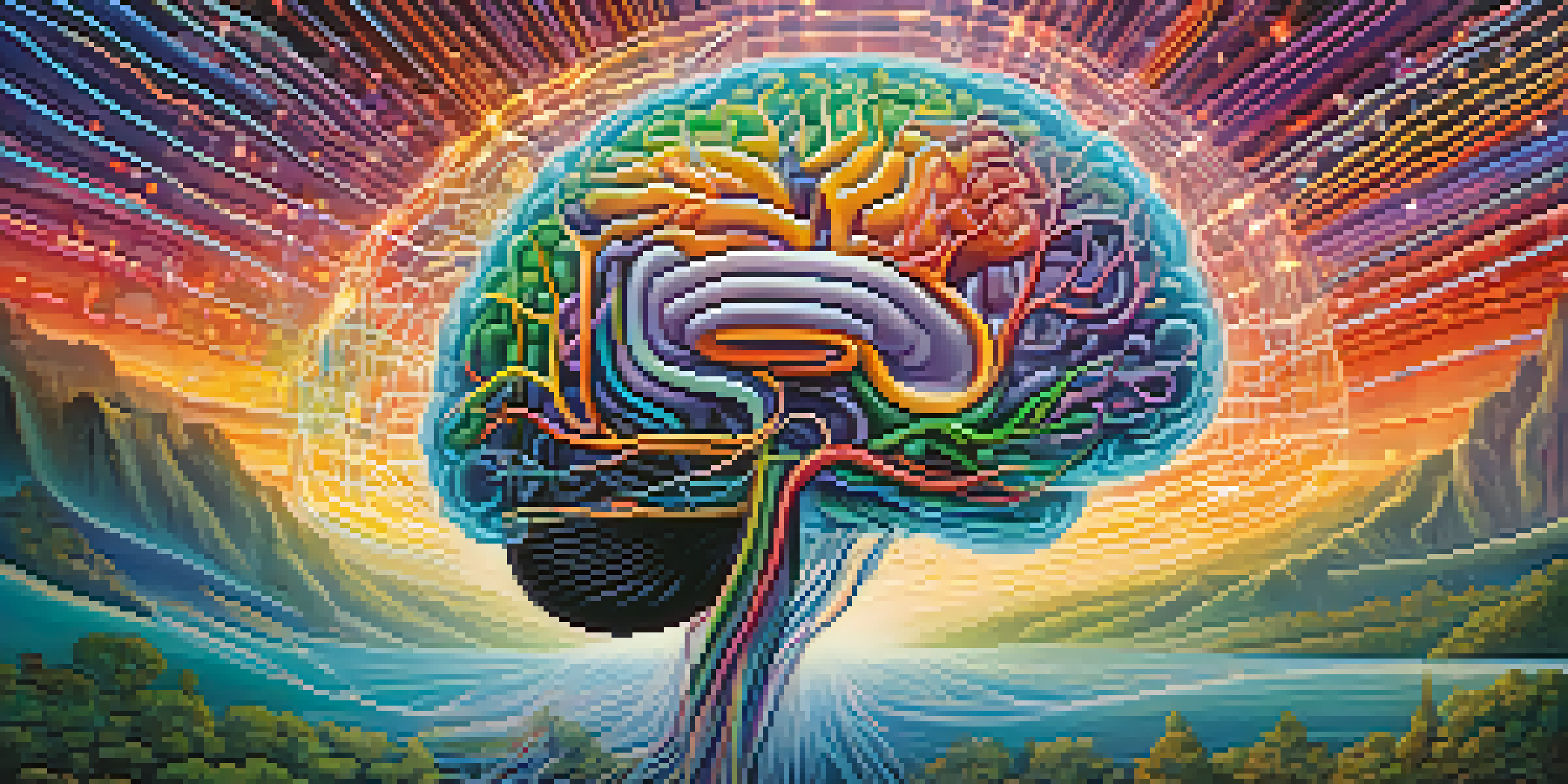 A surreal landscape featuring a colorful brain with interconnected neural pathways and abstract shapes, illuminated by soft lighting.