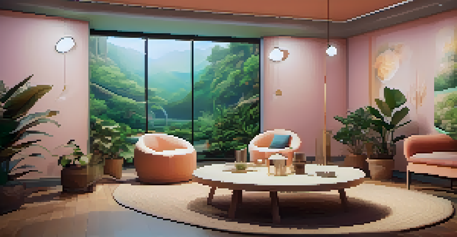 A cozy virtual therapy room with ambient lighting, comfortable seating, and calming decorations, featuring a screen displaying a tranquil nature scene, ideal for psychedelic therapy.