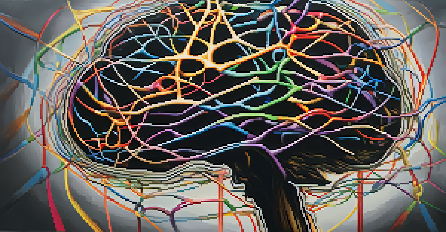 An artistic depiction of a brain with colorful connections symbolizing stress and calmness.