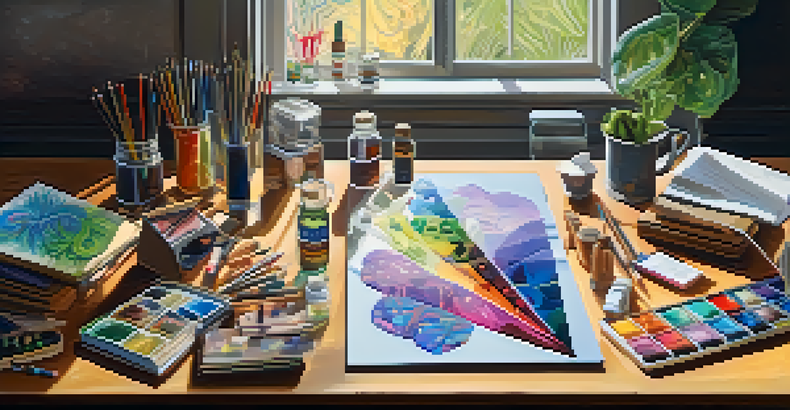 A creative workspace featuring psychedelic substances, notebooks, and art supplies on a wooden table with natural light coming in.