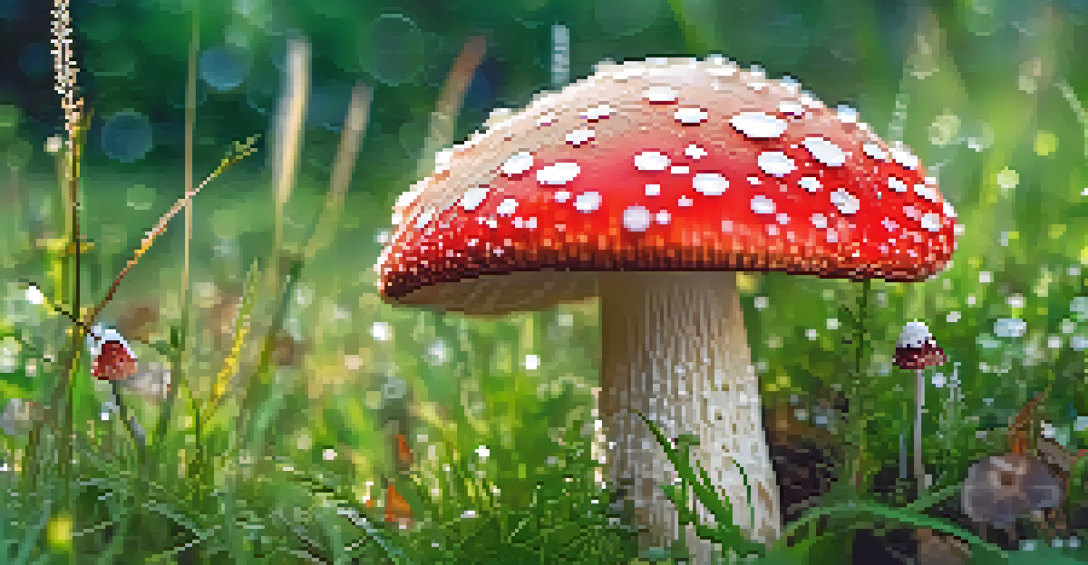 A close-up of a vibrant red mushroom with white spots in a green meadow with dew and wildflowers.