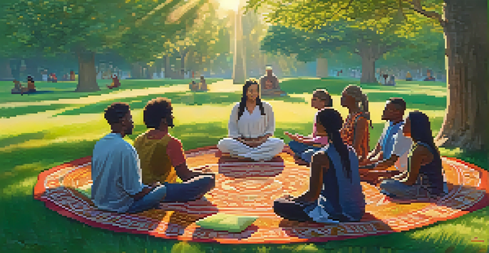 A group of diverse individuals sitting in a circle on green grass, participating in a guided meditation under the warm sunlight, surrounded by flowers and cushions.