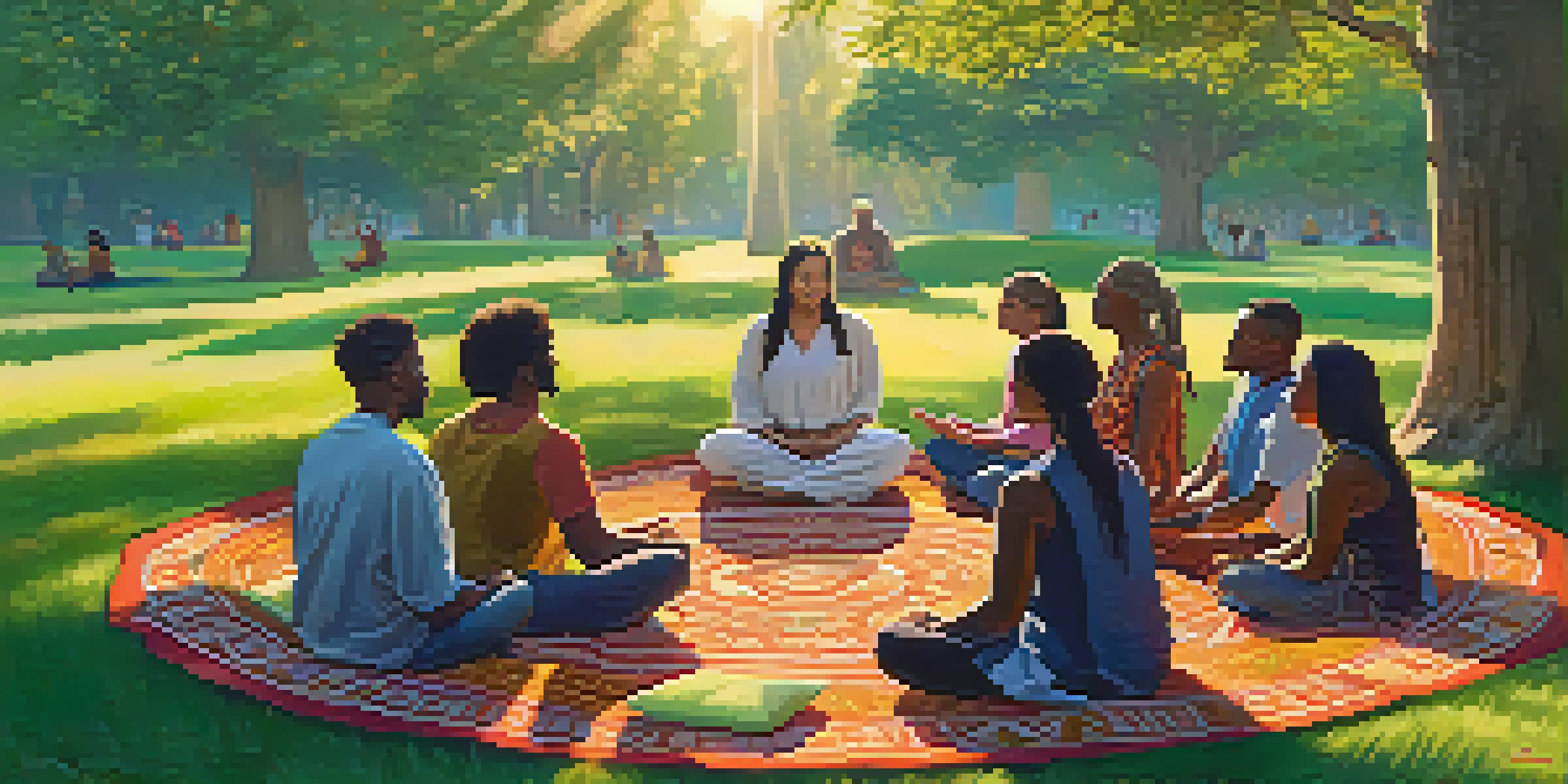 A group of diverse individuals sitting in a circle on green grass, participating in a guided meditation under the warm sunlight, surrounded by flowers and cushions.