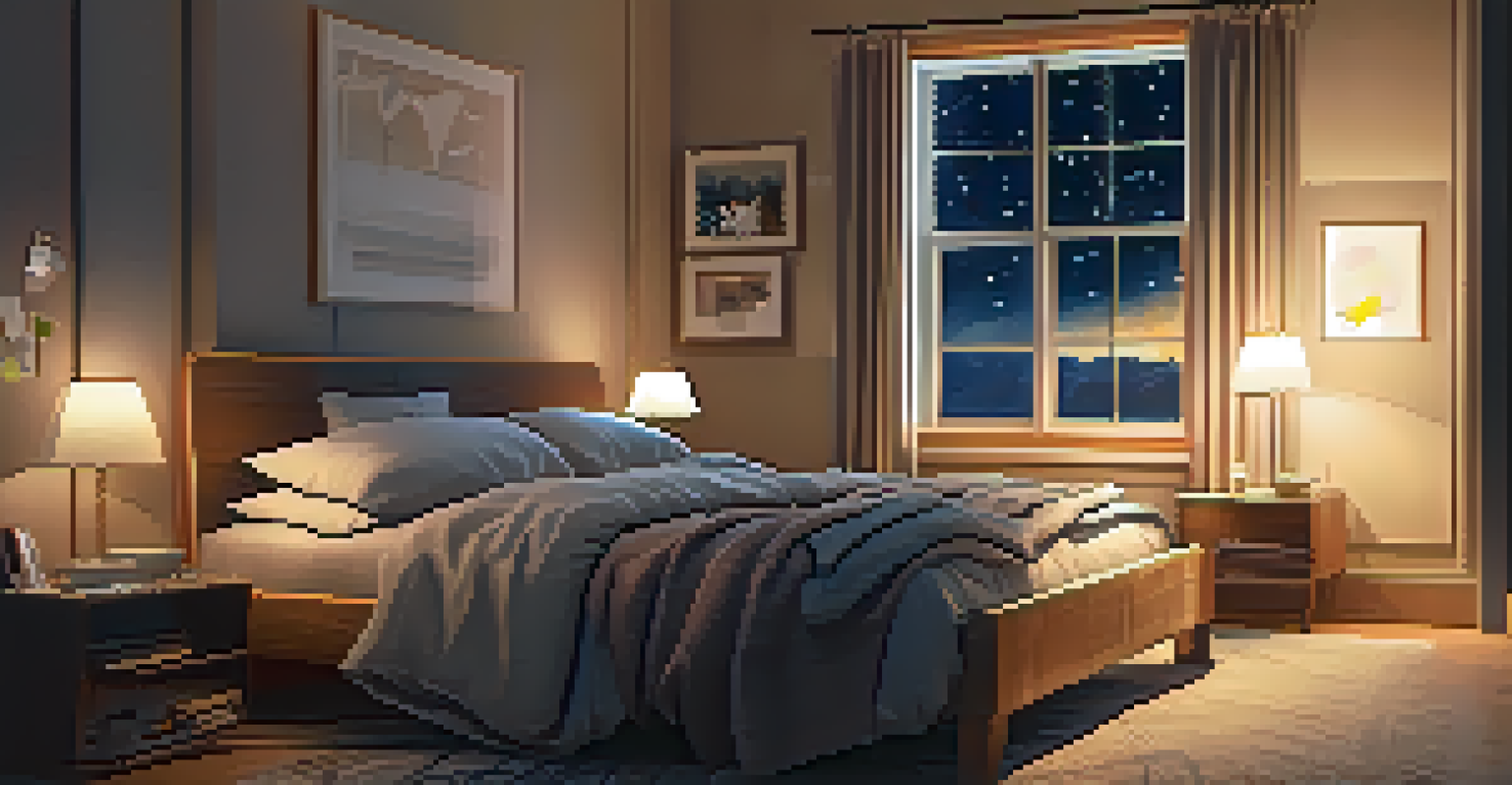 A cozy bedroom with a soft bed, inviting pillows, and a warm blanket, illuminated by a bedside lamp with a starry night visible outside the window.