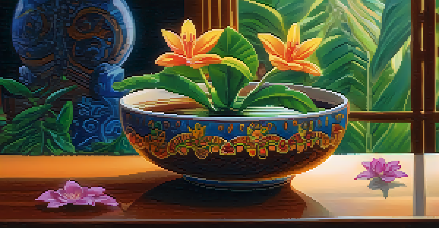 A close-up of an Ayahuasca brew in a ceramic cup on a wooden table, surrounded by leaves and flowers, with a candlelit background.