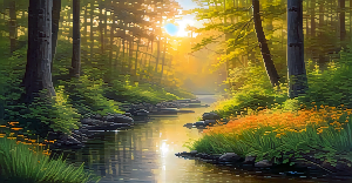 A peaceful forest at dawn with sunlight shining through trees, colorful wildflowers, and a flowing stream.