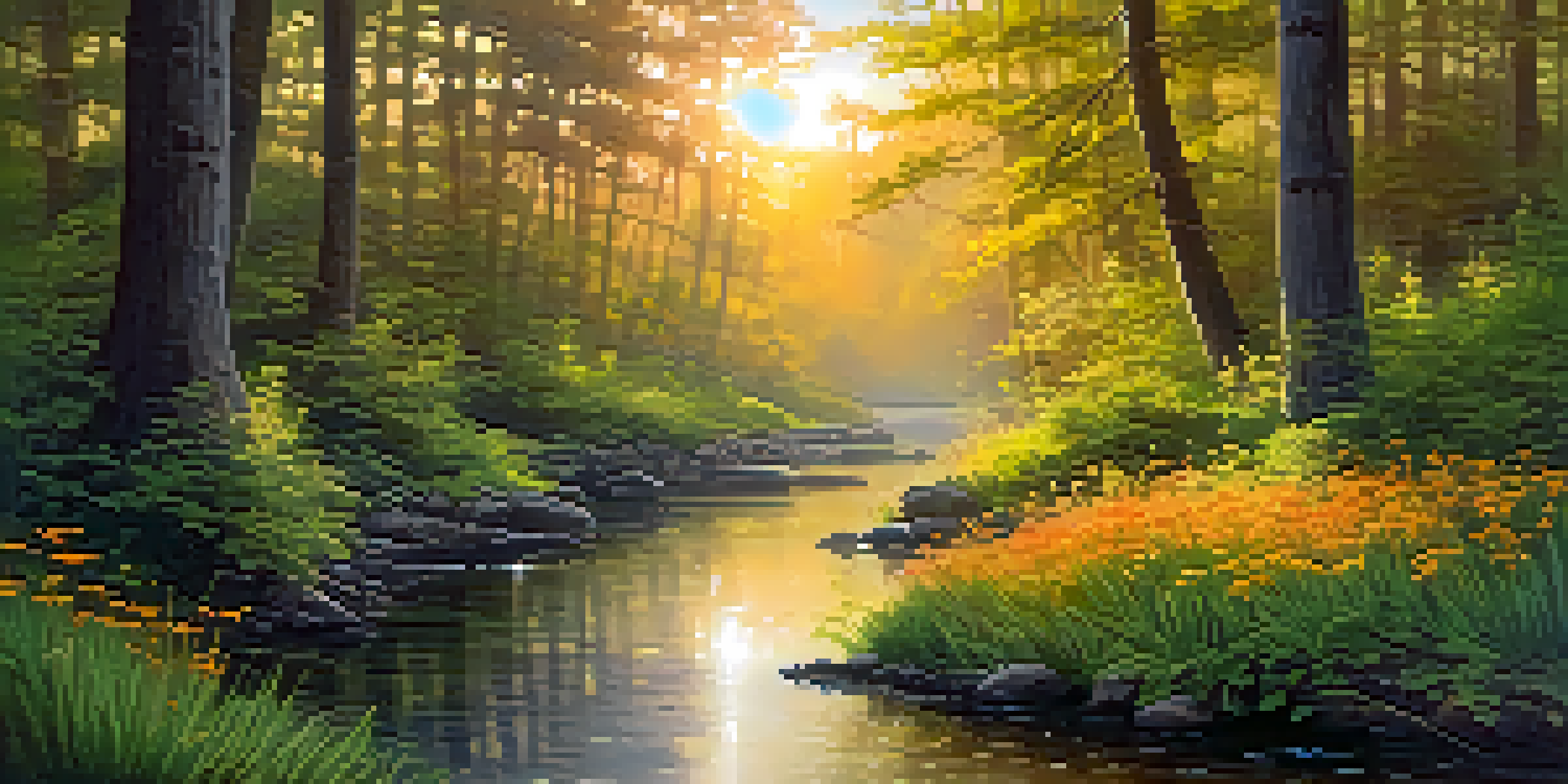 A peaceful forest at dawn with sunlight shining through trees, colorful wildflowers, and a flowing stream.