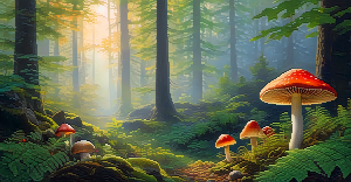 A peaceful forest at sunrise with colorful mushrooms and ferns, illuminated by soft golden light.