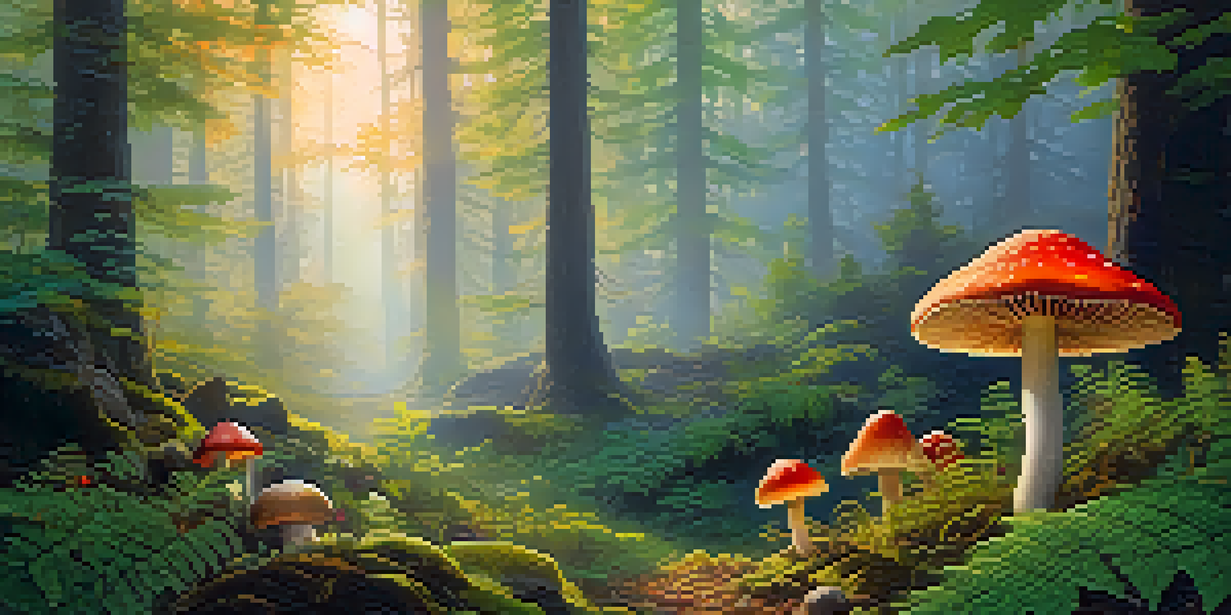 A peaceful forest at sunrise with colorful mushrooms and ferns, illuminated by soft golden light.