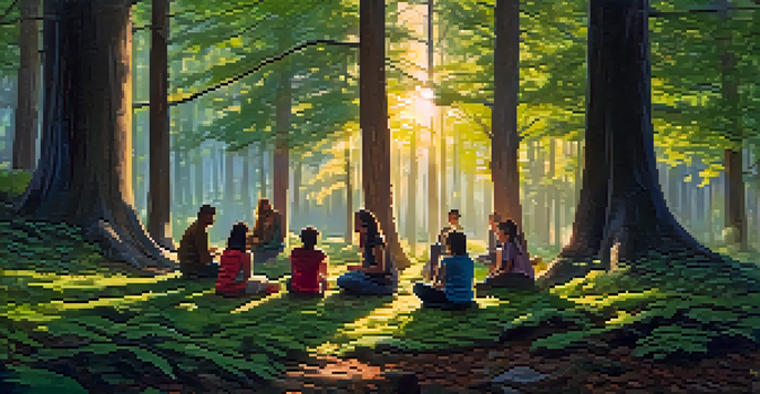 A group of diverse individuals seated in a circle on the ground in a forest, engaged in deep conversation under soft sunlight.