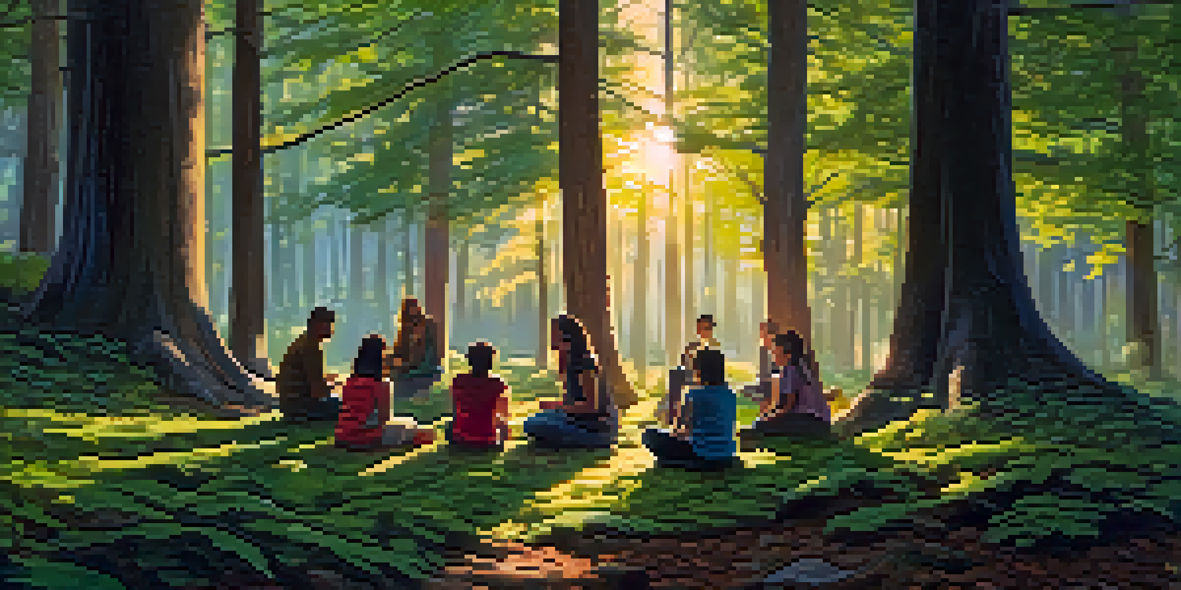 A group of diverse individuals seated in a circle on the ground in a forest, engaged in deep conversation under soft sunlight.