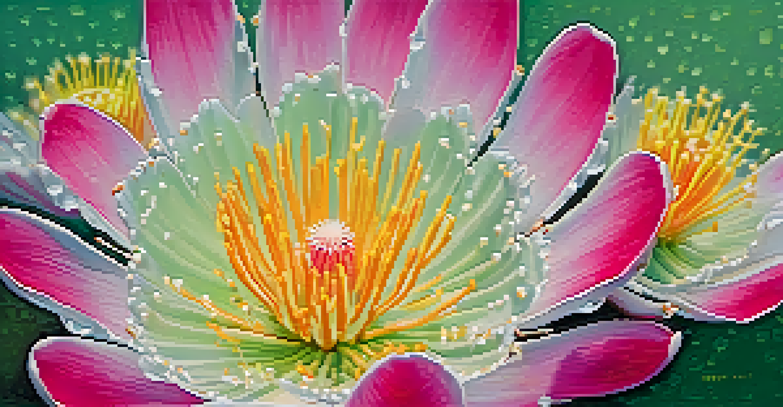 A close-up of vibrant pink and white peyote cactus flowers with textured green surroundings.