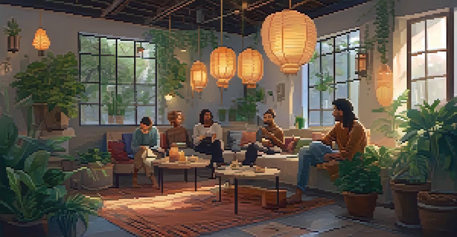 A warm indoor gathering of friends with cushions, plants, and lanterns creating a cozy atmosphere.