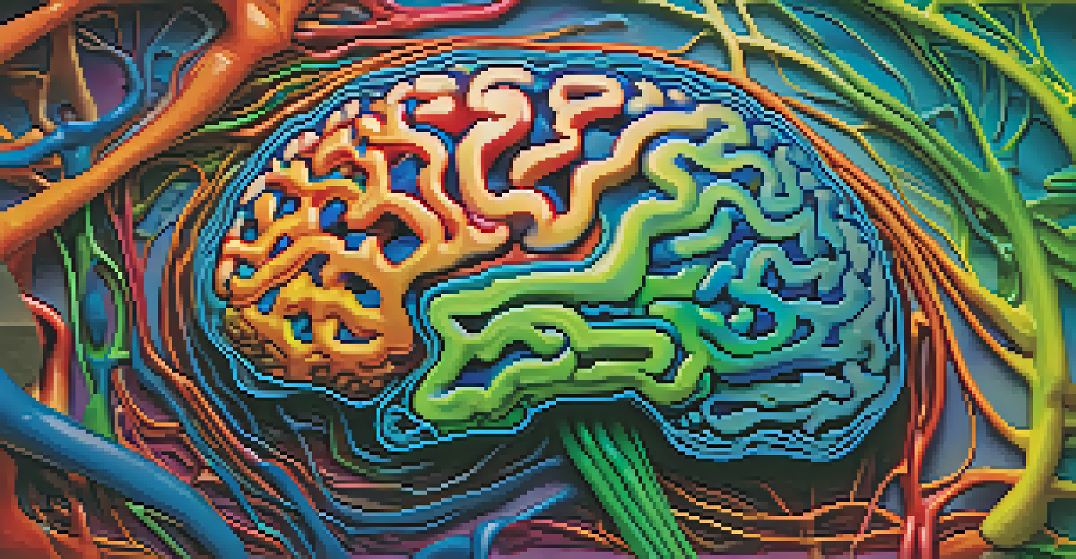 A close-up of a glowing brain model surrounded by colorful representations of neural pathways and creativity.