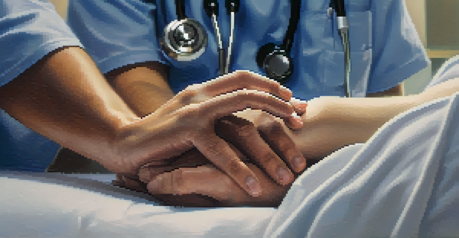 A healthcare provider comforting a patient by holding their hand in a softly lit emergency room.