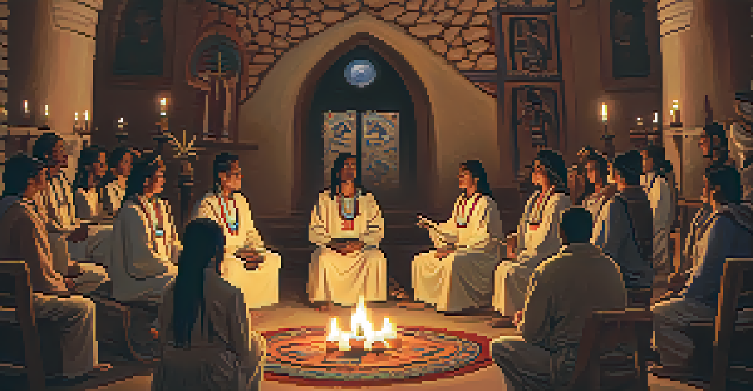 Participants engaged in a peyote ceremony in a Native American Church, seated in a circle surrounded by candles and sacred objects, with warm candlelight illuminating their focused expressions.