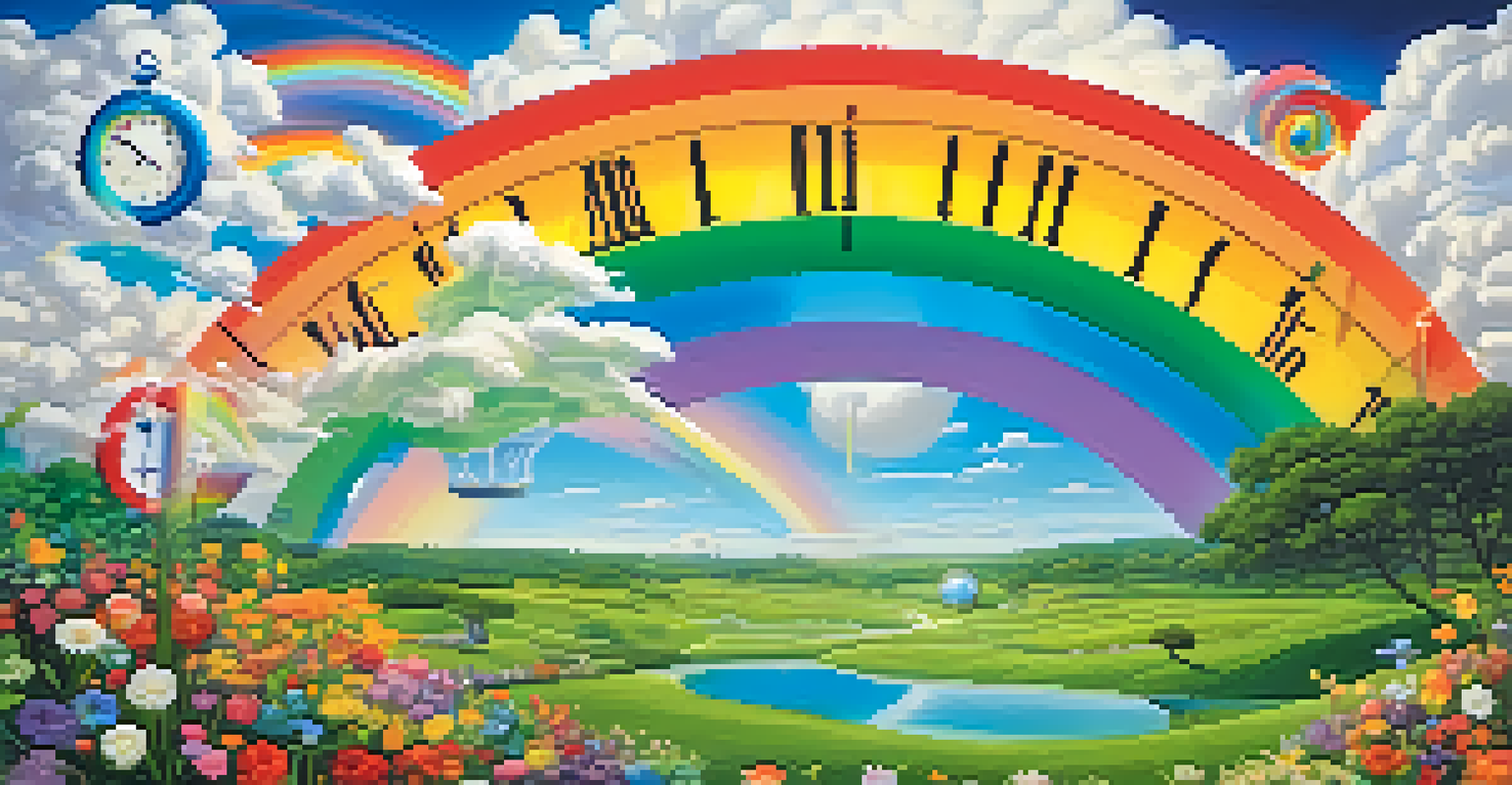 An abstract landscape with melting clocks over vibrant flowers and a rainbow sky.