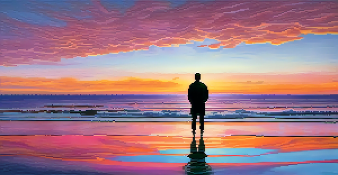 A person standing at the edge of a vast ocean during sunset, with vibrant colors in the sky and gentle waves.