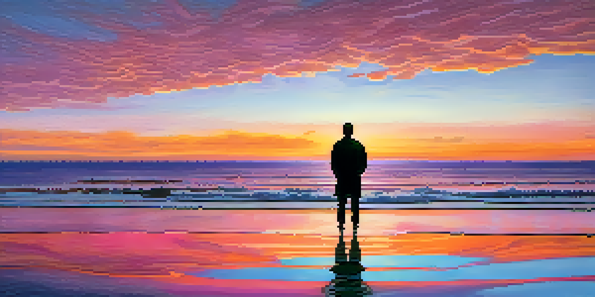 A person standing at the edge of a vast ocean during sunset, with vibrant colors in the sky and gentle waves.