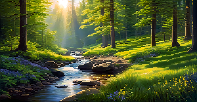 A vibrant forest with golden sunlight, lush green trees, colorful wildflowers, and a gentle stream flowing through, set against soft, rolling hills.