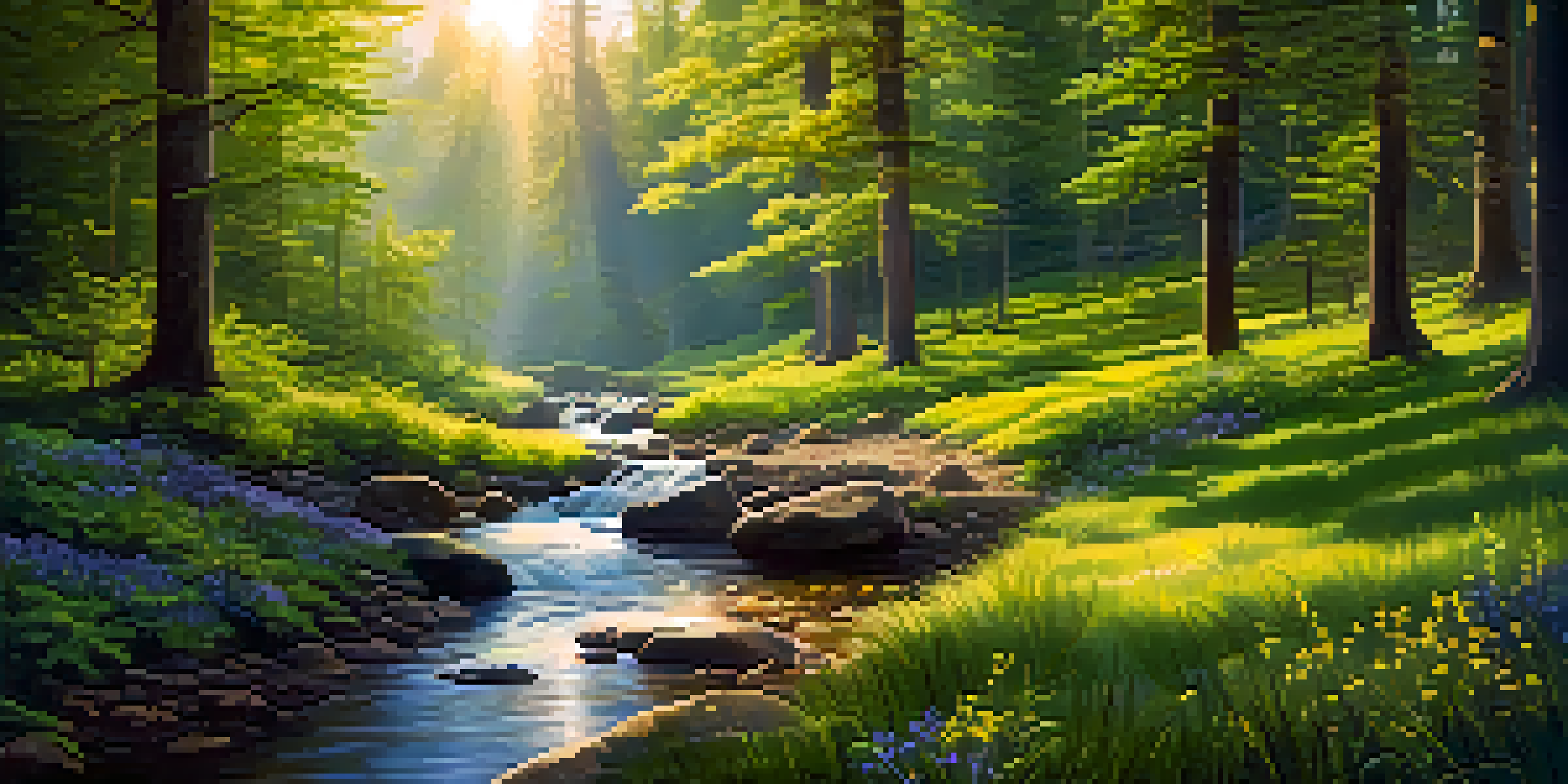 A vibrant forest with golden sunlight, lush green trees, colorful wildflowers, and a gentle stream flowing through, set against soft, rolling hills.
