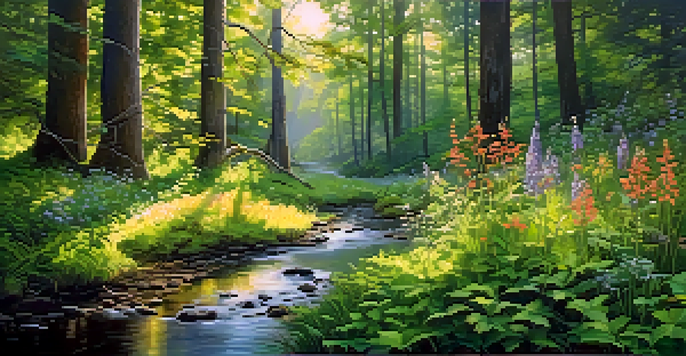 A peaceful forest landscape with sunlight filtering through green trees and colorful wildflowers by a clear stream.