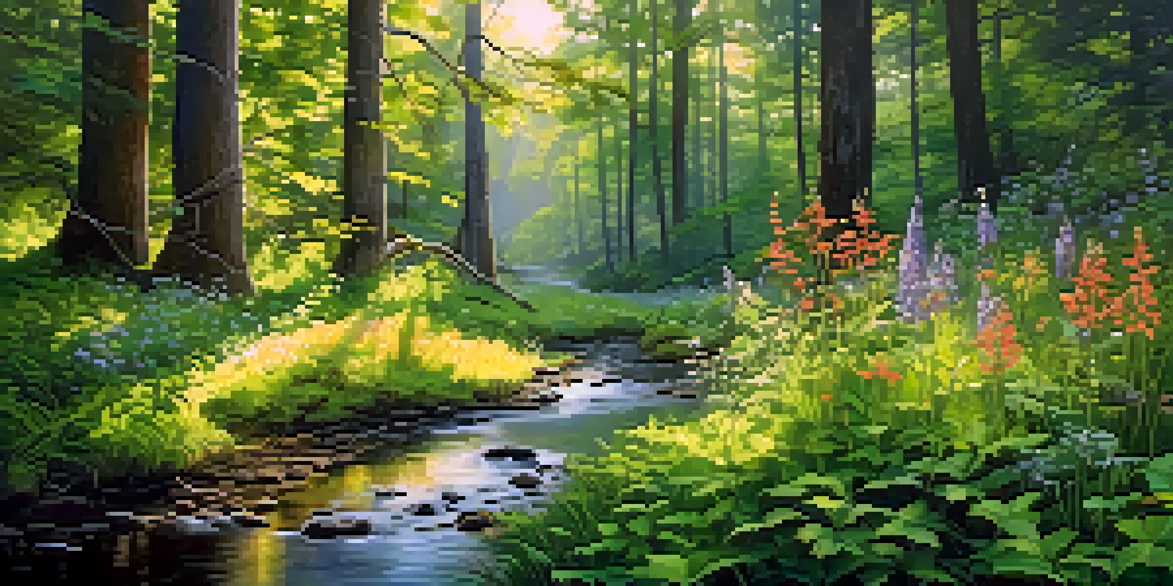 A peaceful forest landscape with sunlight filtering through green trees and colorful wildflowers by a clear stream.