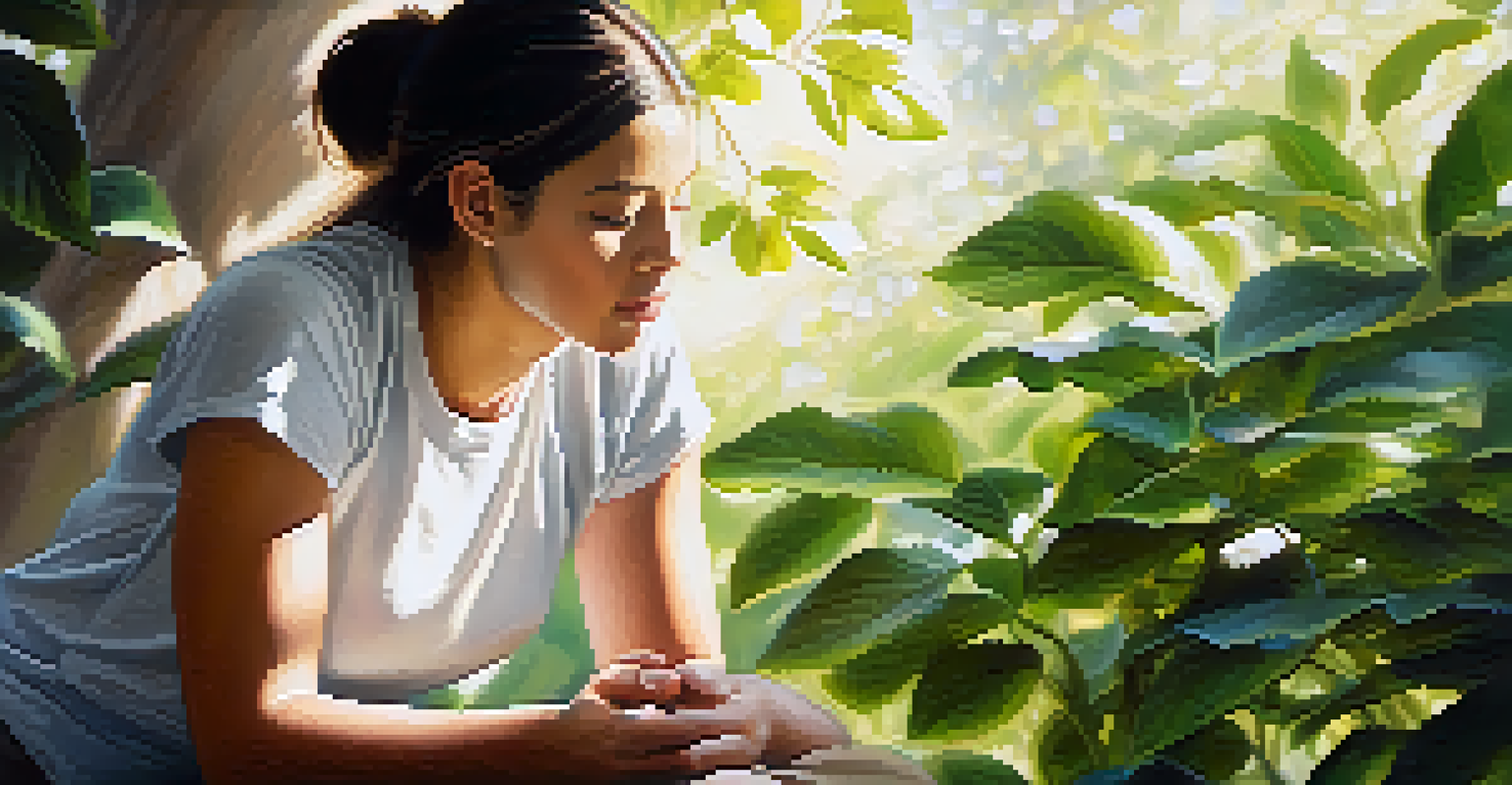 Close-up of a person in meditation, with a calm expression and sunlight filtering through leaves, conveying a sense of peace.