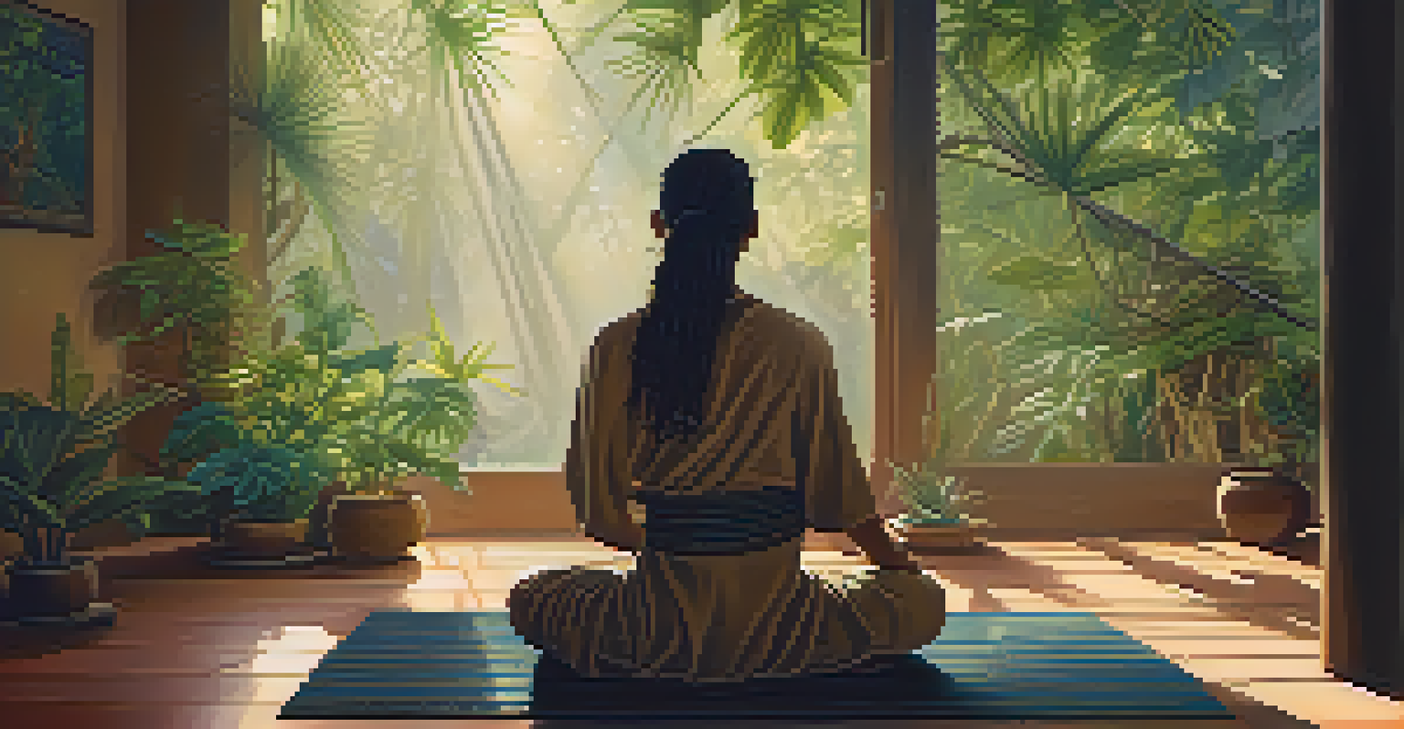 Participant reflecting peacefully after an Ayahuasca ceremony in a cozy, dimly lit space.