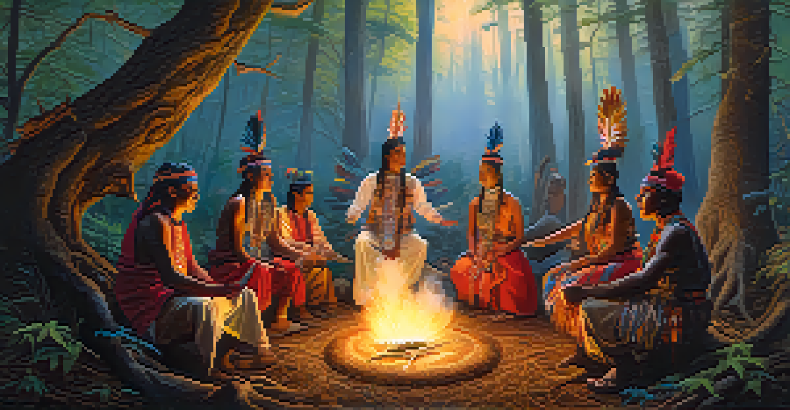 A forest scene depicting a ceremonial gathering of indigenous people around a fire, highlighting traditional hallucinogenic rituals with colorful attire and a mystical ambiance.