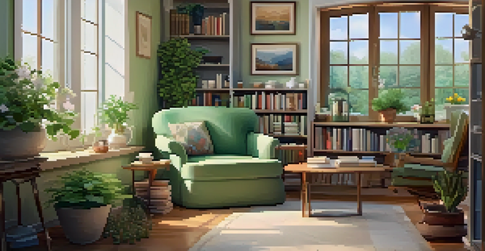A therapy room with soft natural light, comfortable armchair, tea on a table, and a view of a tranquil garden.