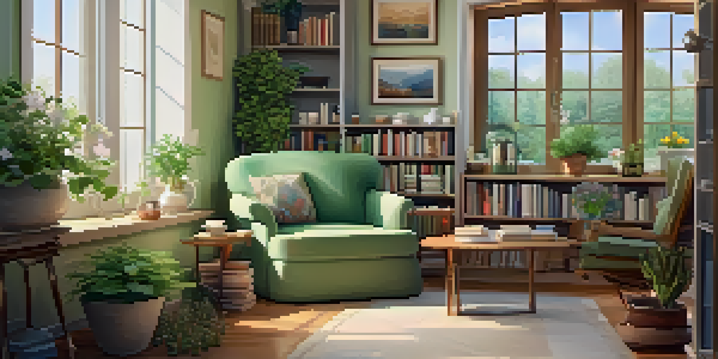 A therapy room with soft natural light, comfortable armchair, tea on a table, and a view of a tranquil garden.