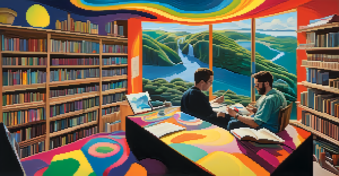 A colorful abstract landscape with swirling patterns and a silhouette of a writer at a desk, surrounded by floating books and light beams.