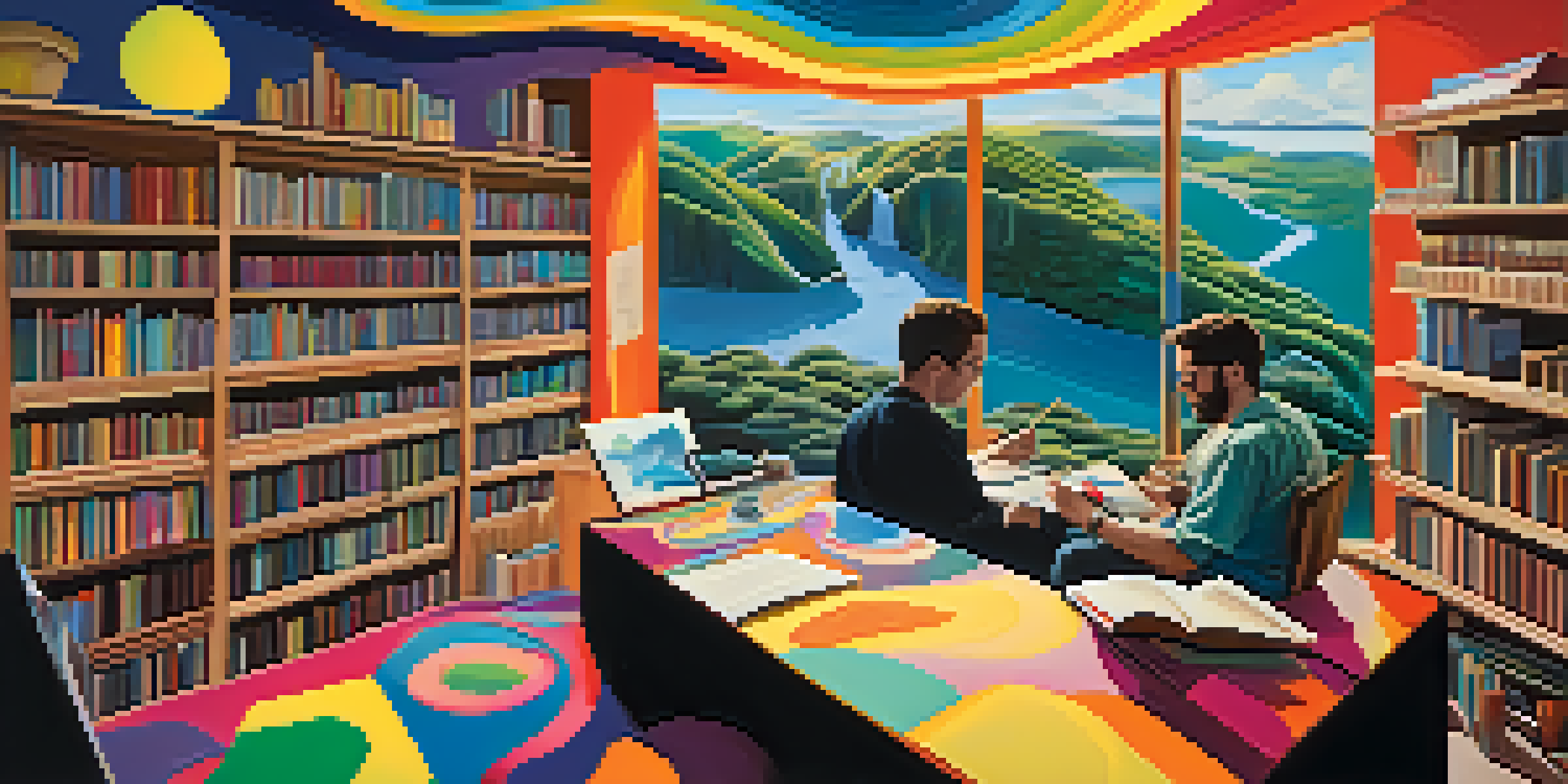 A colorful abstract landscape with swirling patterns and a silhouette of a writer at a desk, surrounded by floating books and light beams.