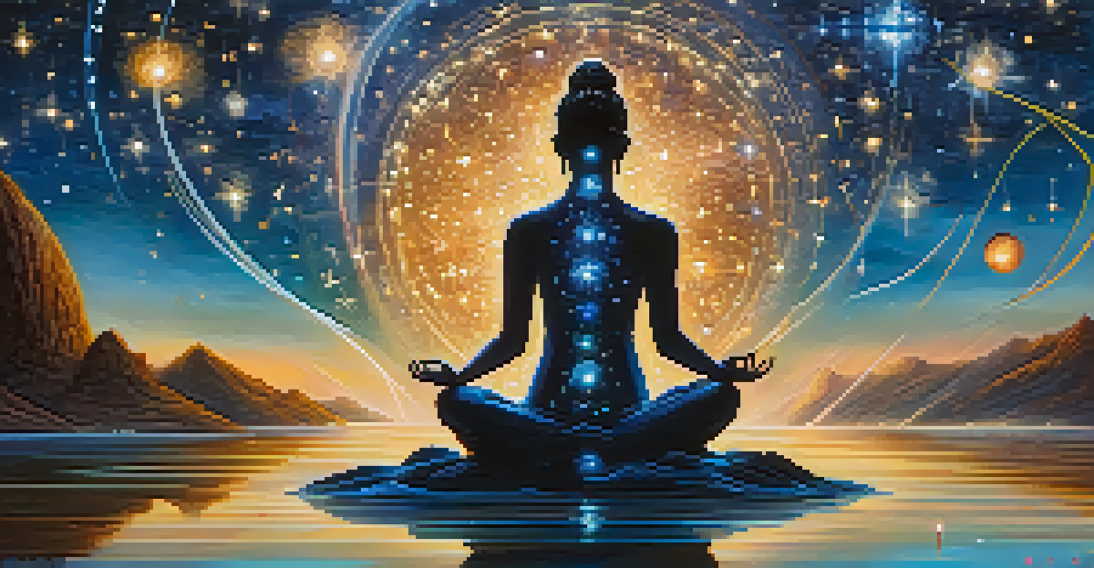 A person meditating on a lotus flower under a starry night sky with swirling galaxies and glowing orbs around them.