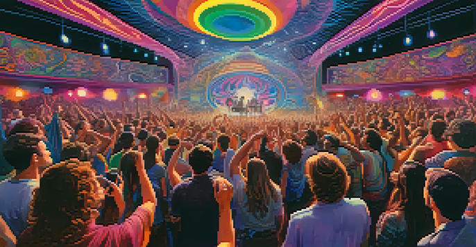 A colorful psychedelic rock concert with diverse people dancing, illuminated by neon lights and patterns.