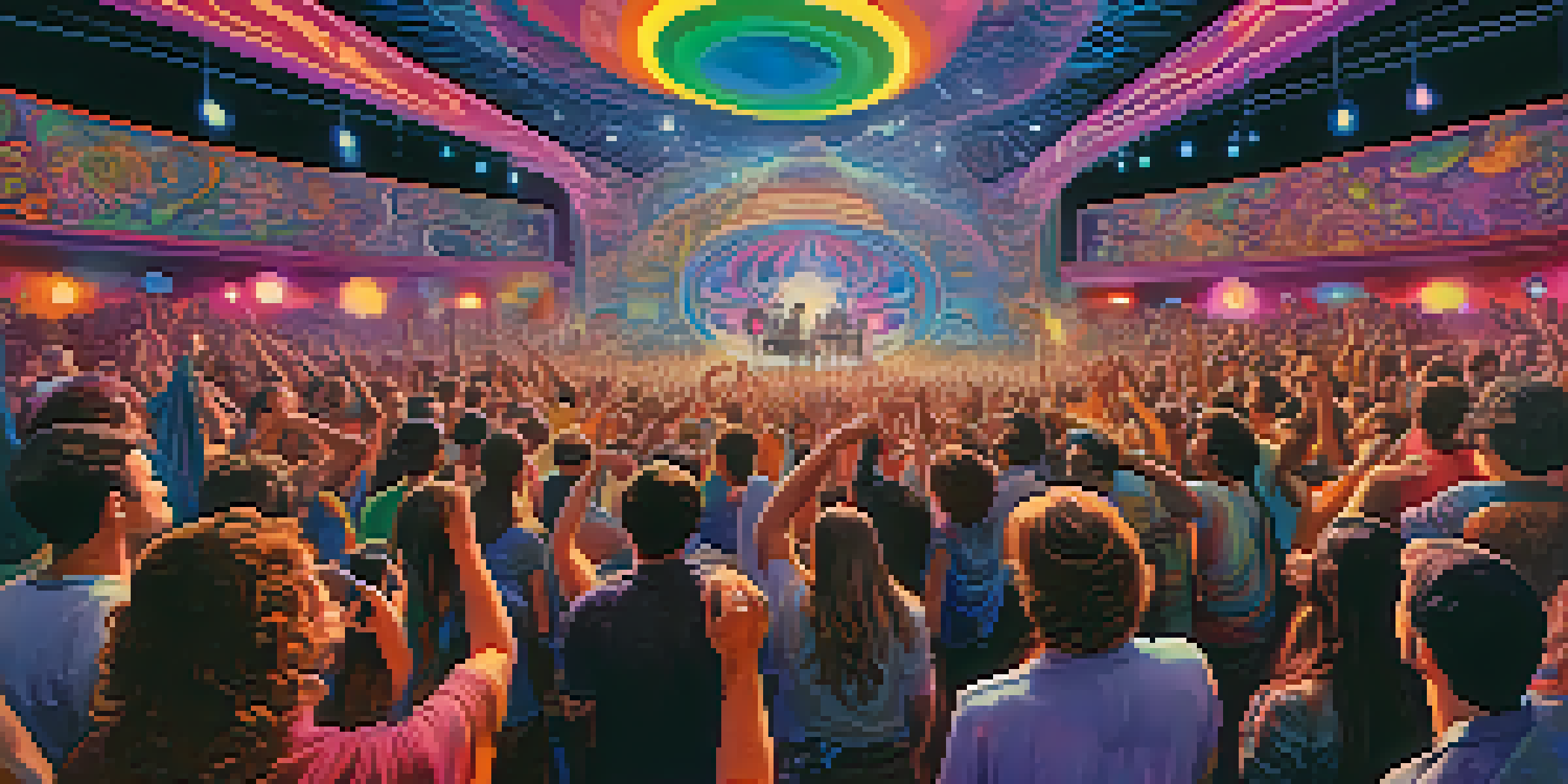 A colorful psychedelic rock concert with diverse people dancing, illuminated by neon lights and patterns.