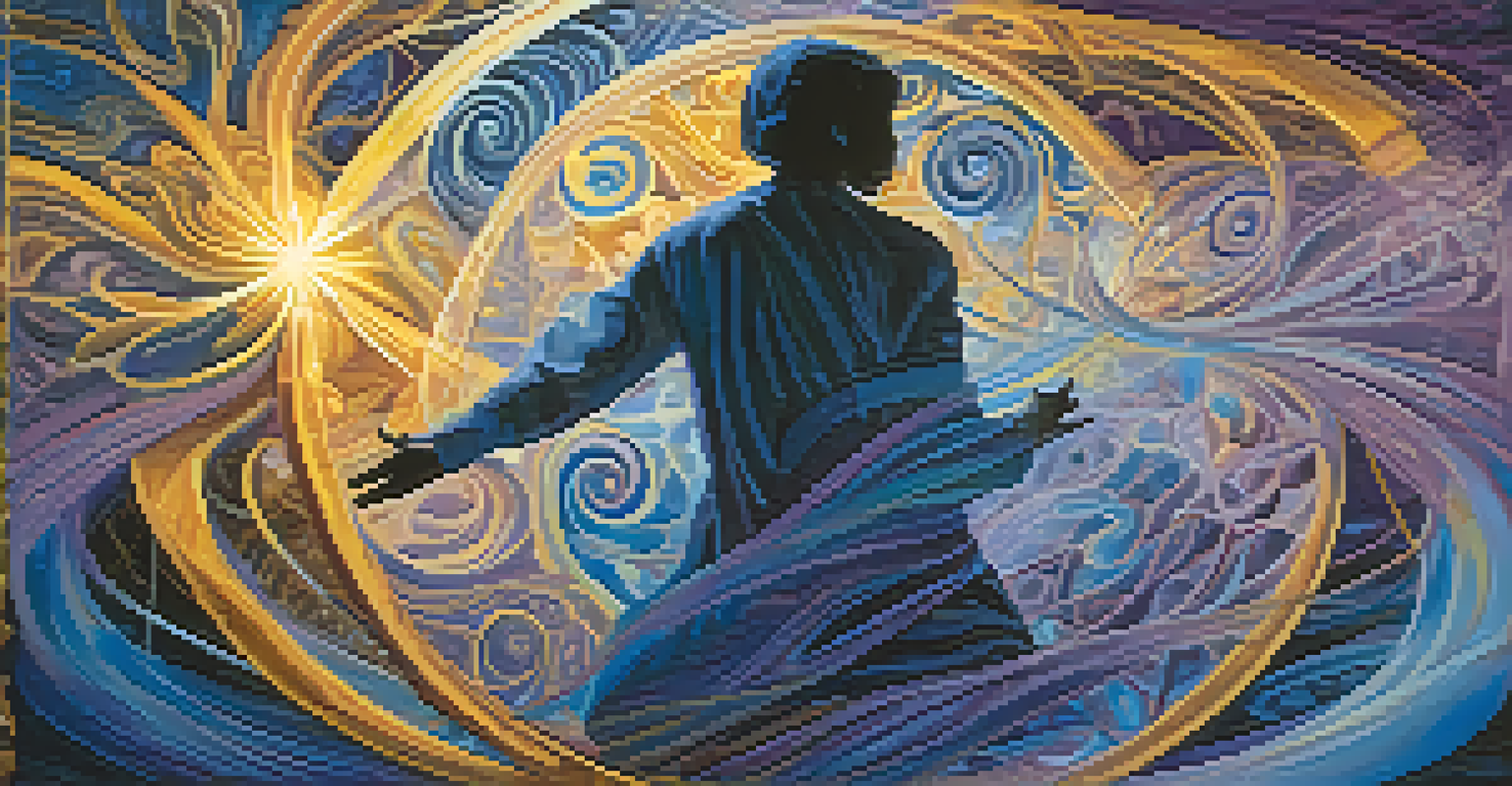 An abstract image depicting interconnectedness with vibrant colors and silhouettes of two figures reaching out to each other.
