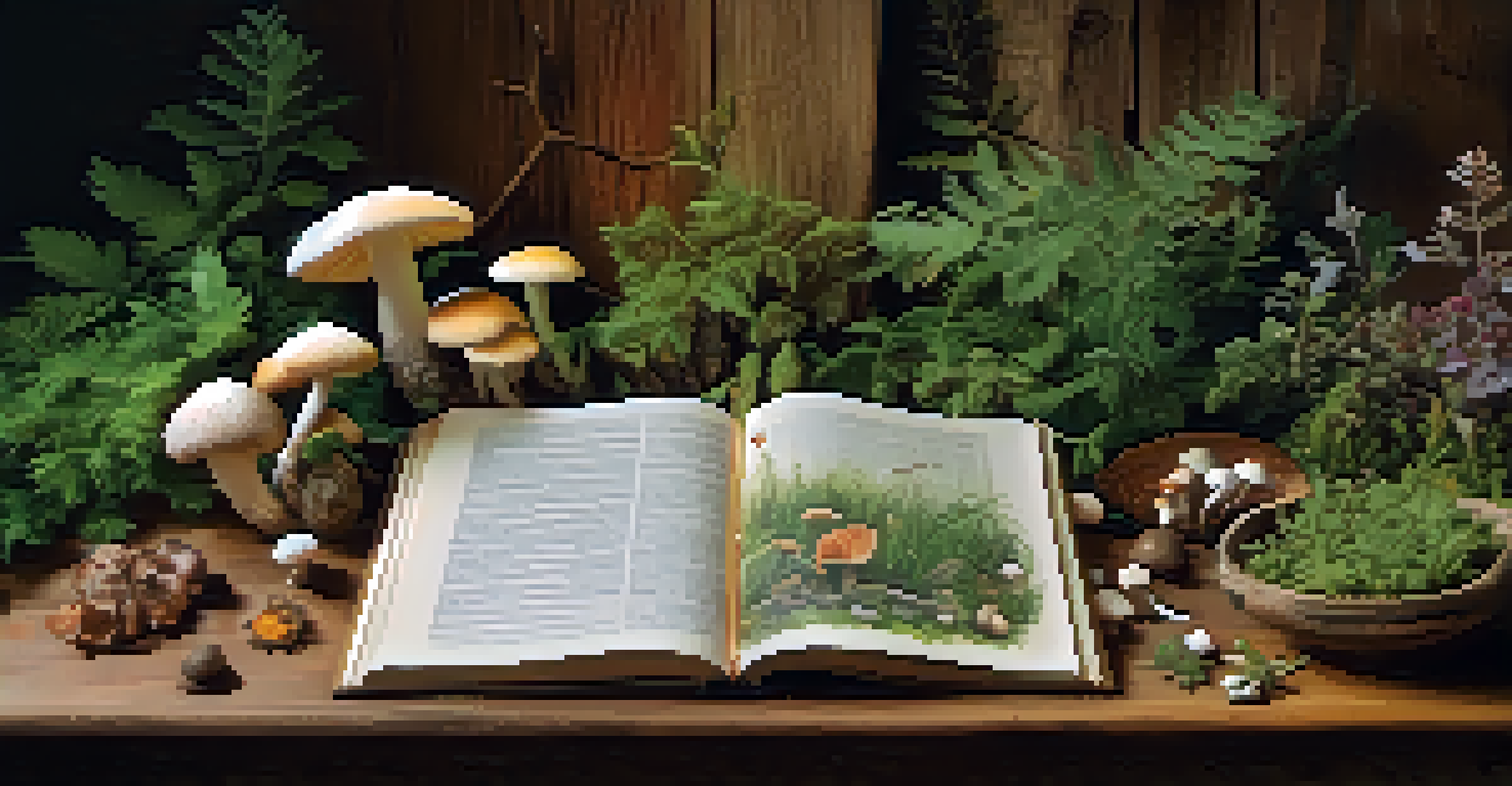 A close-up view of a table filled with natural hallucinogenic plants and mushrooms, with an open book in the background.