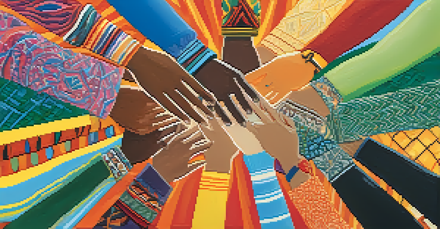 Diverse hands reaching out towards each other with colorful patterns, symbolizing unity and inclusivity.