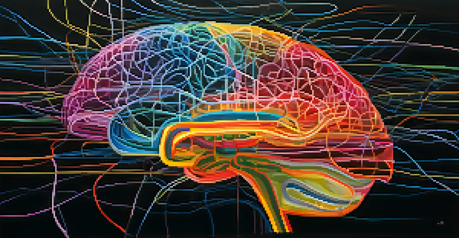 An abstract illustration of the brain's Default Mode Network with colorful interconnected neural pathways on a dark background.