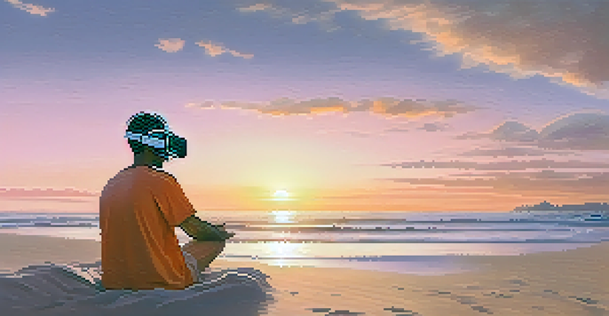 A person sitting on a beach at sunset wearing a VR headset, surrounded by soft waves and a colorful sky.