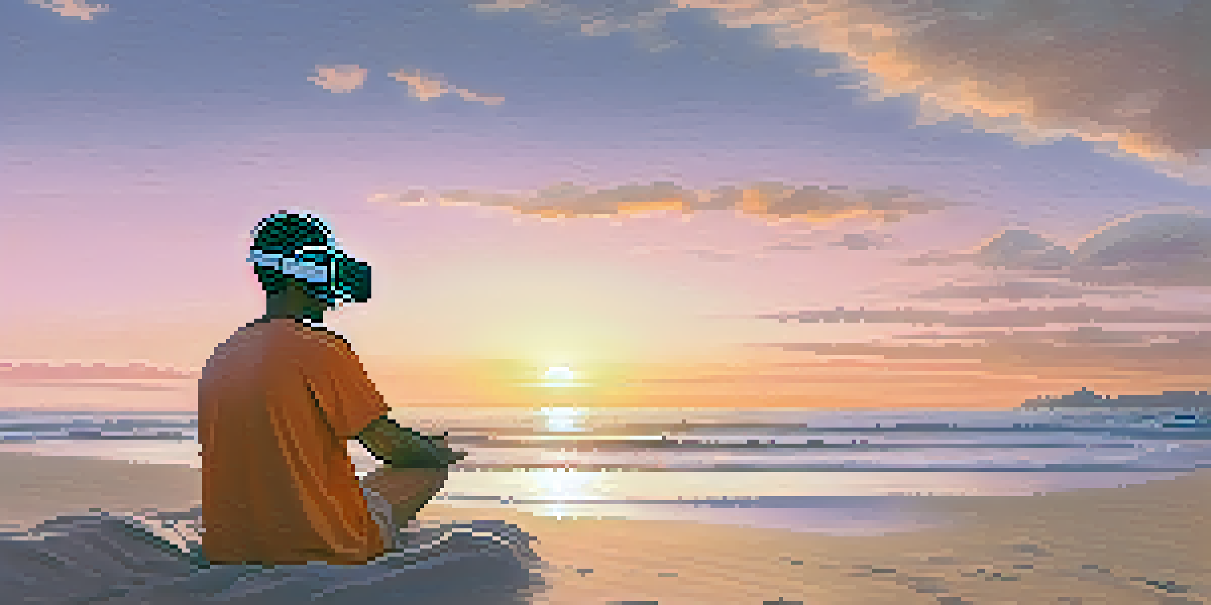 A person sitting on a beach at sunset wearing a VR headset, surrounded by soft waves and a colorful sky.