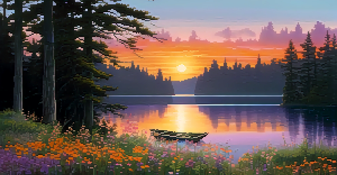 A picturesque sunset over a calm lake, with colorful flowers in the foreground and silhouettes of trees surrounding the scene.