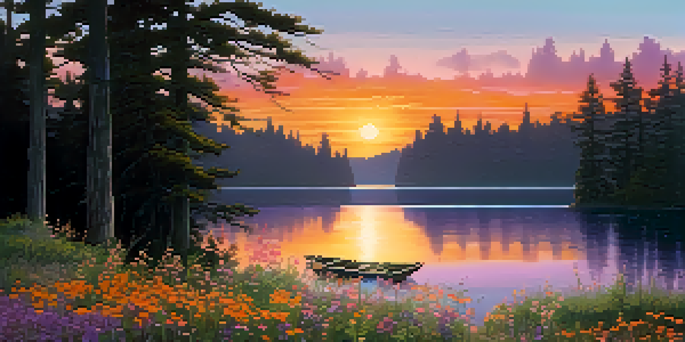 A picturesque sunset over a calm lake, with colorful flowers in the foreground and silhouettes of trees surrounding the scene.
